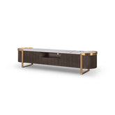 Modern Cantar TV Unit with distinctive Gadoria marble top and dark oak wood veneer, offering elegant storage solutions for electronics and decor in stylish living spaces.